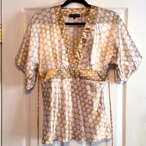 Vintage Y2K Rampage kimono sleeve gold white polka dot v-neck top satin feel M